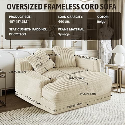 Beige Oversized Chaise Lounge Chair - Large Floor Recliner for Living Room and Bedroom