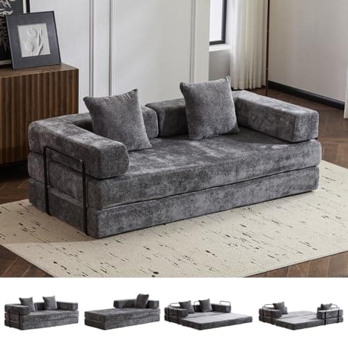 4-in-1 Convertible Folding Sleeper Sofa Bed, Dark Grey Corduroy Mattress Couch