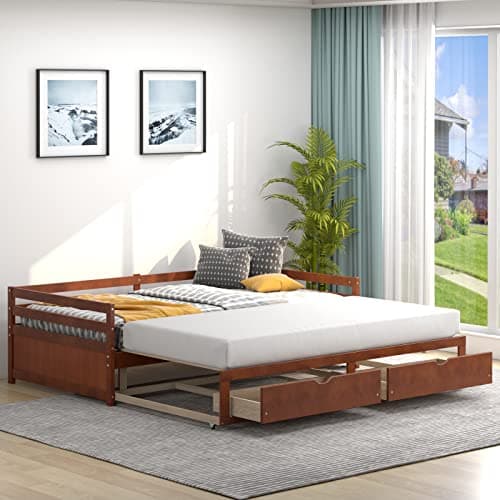 Modern Twin to King Daybed with Trundle, 2 Drawers, Pull Out Bed - White