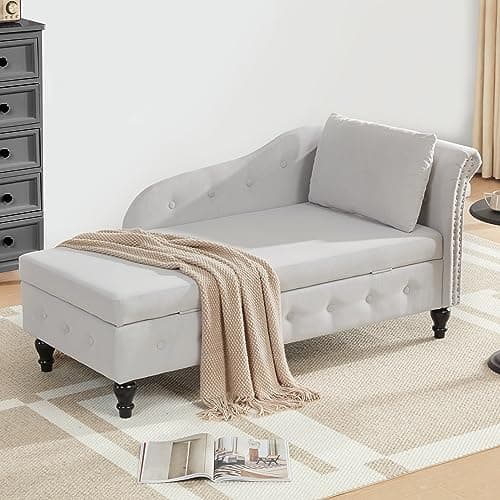 Beige Button-Tufted Armless Chaise Lounge with Solid Wood Legs & Pillow for Living Room
