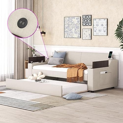 Meritline Beige Tufted Twin Daybed with Drawers & Storage