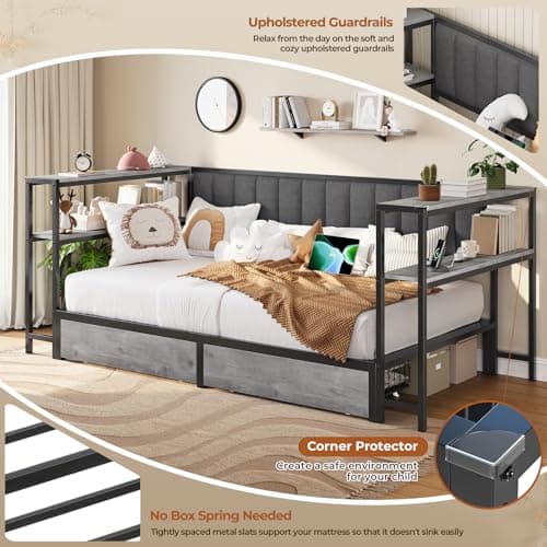Twin Daybed with Shelves & Charging Station, Oak Gray, Living Room Bed