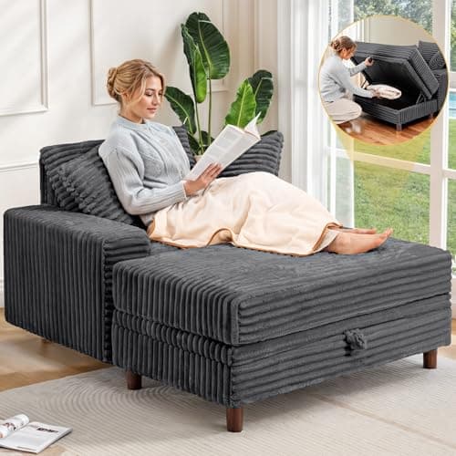 54" Multifunctional Black Upholstered Chaise Lounge with Storage Ottoman and Pillows