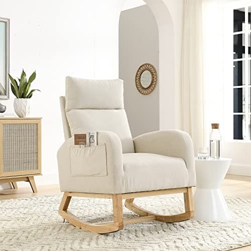 Modern White Fabric Upholstered Rocking Glider Chair with Side Pockets