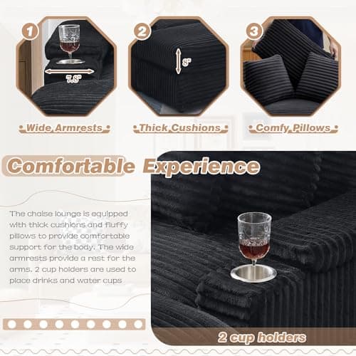 Modern Black Chaise Lounge with Ottoman and Cup Holder