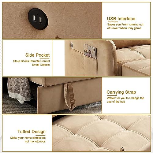 Modern 3-in-1 Tufted Velvet Sleeper Sofa with USB for Small Spaces