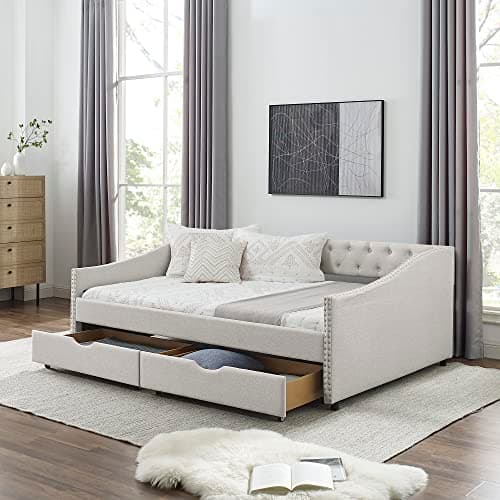 Modern Full Size Daybed with Drawers Upholstered Sofa Bed and Tufted Buttons