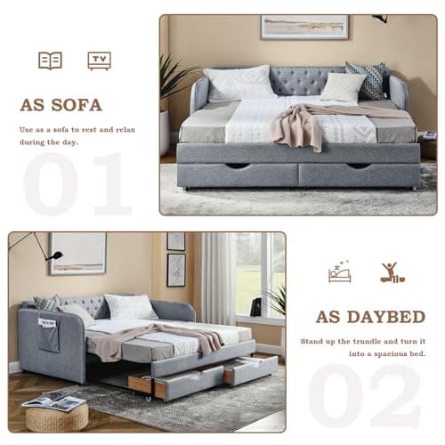 Twin Size Day Bed with Trundle and Storage Drawers in Grey