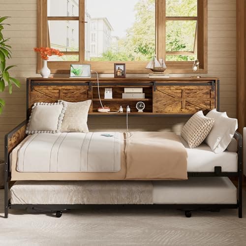 Homieasy Rustic Brown Farmhouse Twin Day Bed with Bookcase & Charging Station