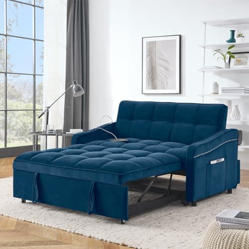 Modern Velvet Sleeper Sofa Couch with USB Port, Pull Out Bed, Curved Armrest - Grey