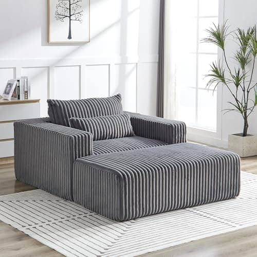 Beige Oversized Chaise LoungeChair with Ottoman, Deep Seat Sofa