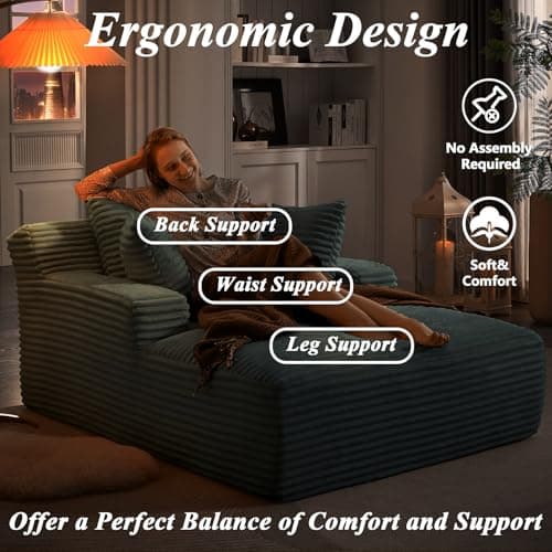 Oversized 49 Indoor Chaise Lounge Chair with 3 Pillows – Grey Corduroy, No Assembly Needed
