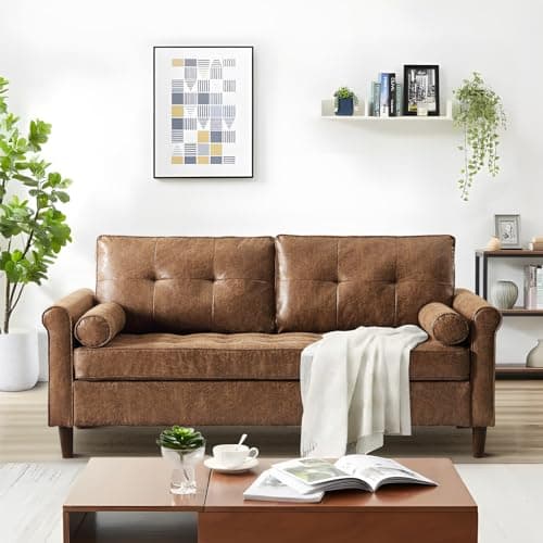 Small Mid-Century Modern Faux Leather Loveseat Sofa for Small Spaces, Living Room, Bedroom