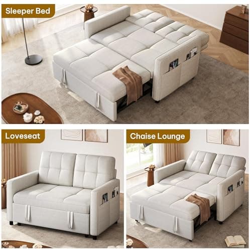 YITAHOME 55" Convertible Sofa Bed, Beige Reclining Sleeper with Side Pocket