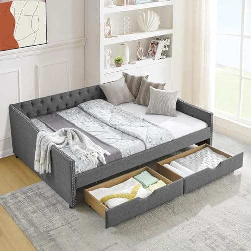 JEEOHEY Grey Linen Button Tufted Queen Daybed with Storage & Nailhead Trim