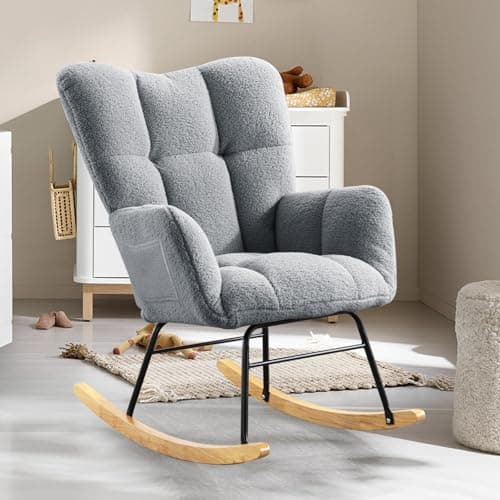Beige Teddy Upholstered Rocking Chair with High Backrest for Bedroom & Living Room