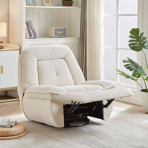 Swivel Rocking Recliner Chair for Adults with Upholstered Corduroy Reclining, Small Recliners for Small Spaces, Nursery, Living Room, Bedroom (Beige)