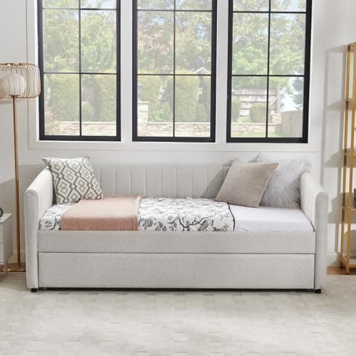 Twin Size Daybed with Trundle and Stripes - Beige