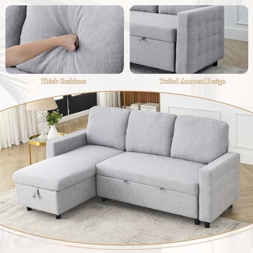 Linen L Shape Convertible Sectional Sofa with Pull Out Bed and Storage Chaise