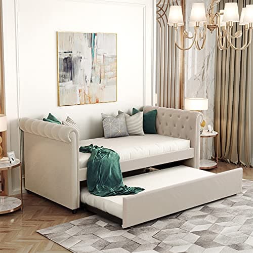 Meritline Beige Tufted Twin Daybed with Drawers & Storage