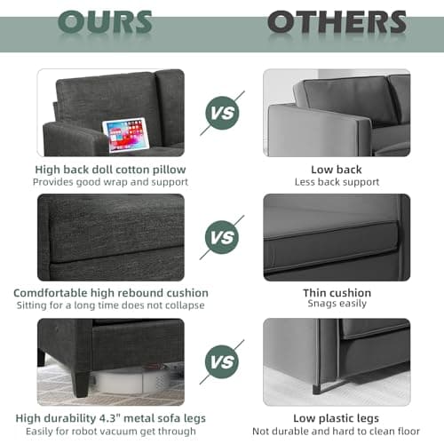 72" 3 Seater Gray Couch with USB Ports for Small Spaces