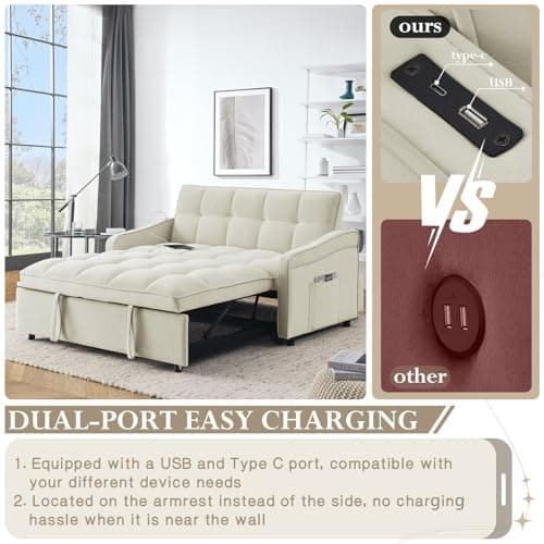 Modern Velvet Sleeper Sofa Couch with Type C, USB Port and Pull Out Bed