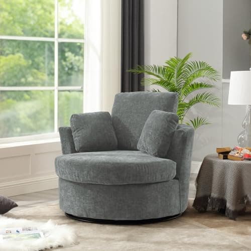 Set of 2 JEEOHEY Modern Chenille Swivel Barrel Chairs with Pillows - Grey Accent Arm Chairs for Living Room, Nursery, Bedroom, Office