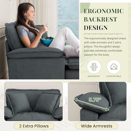 Comfy Grey Corduroy Chaise Lounge Chair with Ottoman