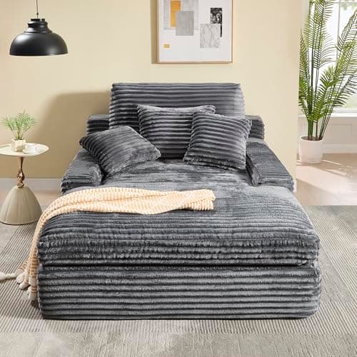 Eafurn Corduroy Upholstered Chaise Lounge Sofa with Ottoman & Cupholders