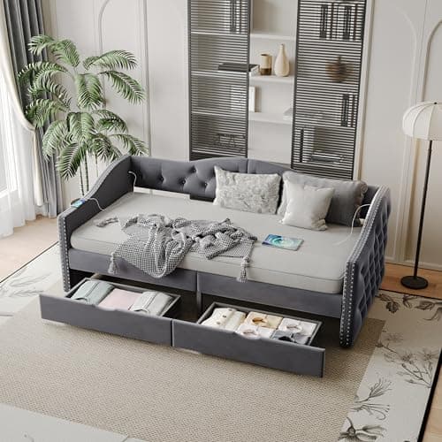 Twin Upholstered Daybed with Storage, Button-Tufted Velvet Sofa Bed,Haze Grey