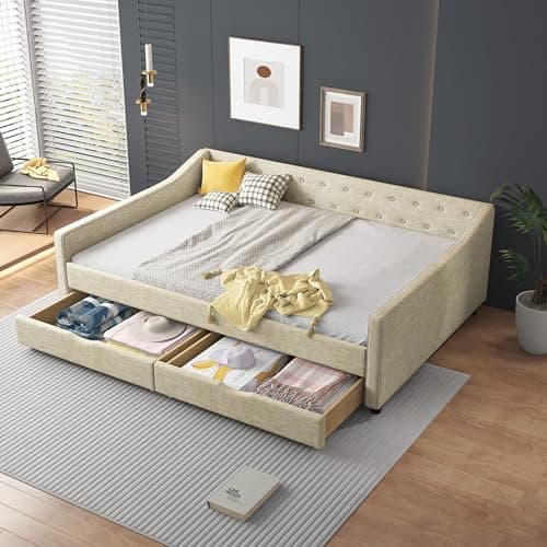 Twin Size Daybed with Storage - Upholstered Frame with Drawers & Button Tufted Backrest