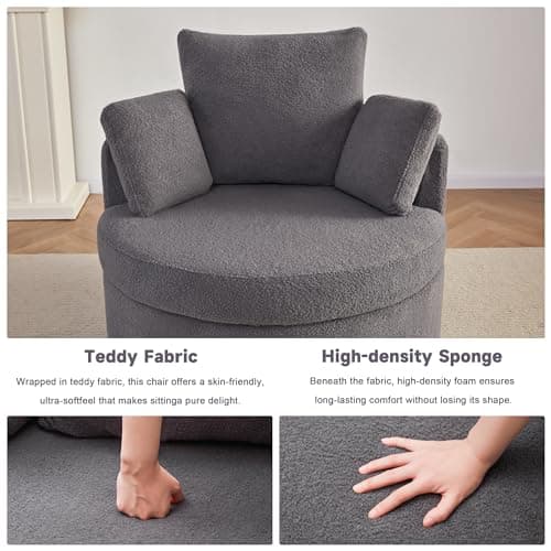 360° Modern Grey Swivel Chair with Storage Ottomans & 3 Pillows for Living Room