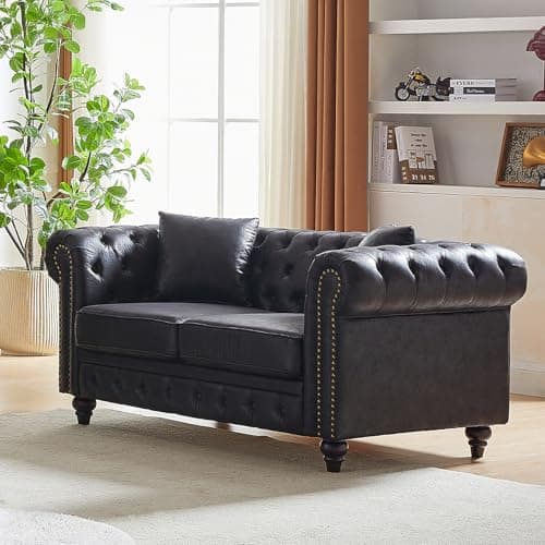 Mid-Century Modern Black 2-Seater Chesterfield Sofa with Nailhead Trim