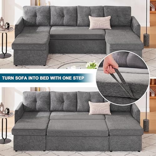 Dark Grey 110" 2-in-1 Pullout Couch Bed with Storage Chaise