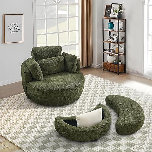Grey Teddy Fabric Swivel Chair with Storage Ottoman