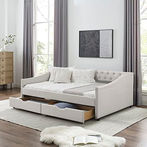 Upholstered Full Size Daybed with Storage and Headboard (Beige)
