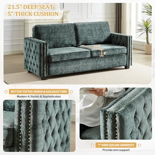 Chenille Convertible Sleeper Couch Bed, Full Size Memory Foam Mattress(Green)