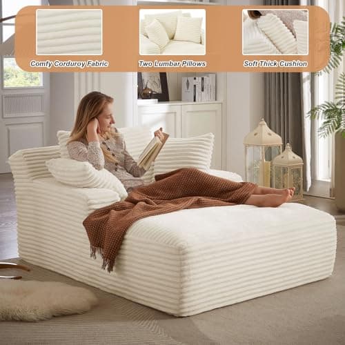 Oversized Chaise Lounge Chair in White for Living Room or Bedroom
