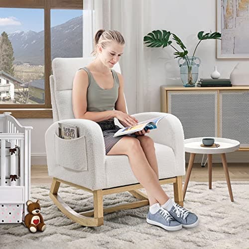 Modern White Fabric Upholstered Rocking Glider Chair with Side Pockets