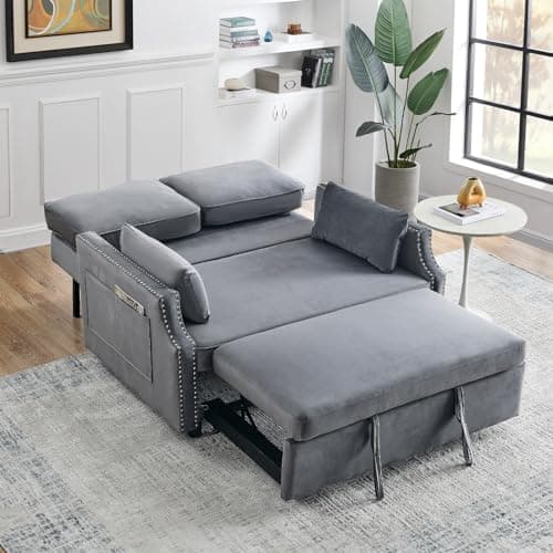 Grey Velvet Convertible Sleeper Sofa Bed, 50 Pull Out Couch, Modern Loveseat with Side Pocket for Small Spaces
