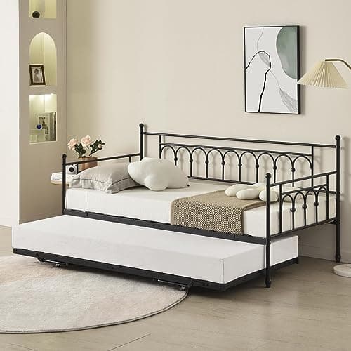Vintage Twin Day Bed with Pop Up Trundle, Space-Saving Metal Frame for Adults
