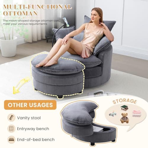 Modern Grey 360 Degree Swivel ARMChair with Phone Holder & Storage Ottoman