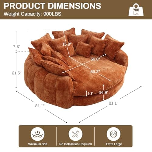 81.1" Oversized Fluffy Lazy Bean Bag Sofa with 14 Pillows, Orange Chenille Bed Cushion