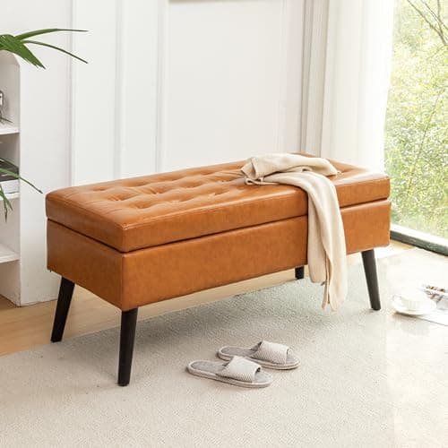 Beige Linen Tufted End of Bed Storage Bench with Solid Wood Legs