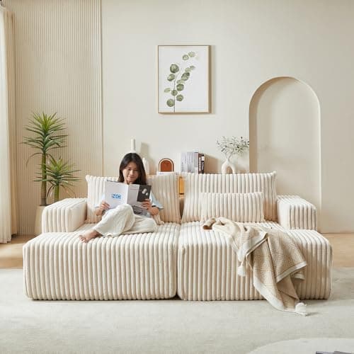 Beige Oversized Chaise Lounge Chair, 87" Plush Corduroy Sofa