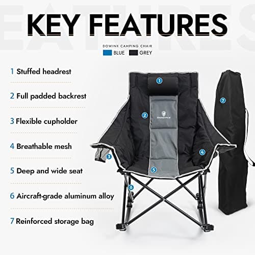 Dowinx Oversized Rocking Camping Chair, Fully Padded with Side Pocket & Carry Bag, High Back & Headrest, 300 lbs, Grey