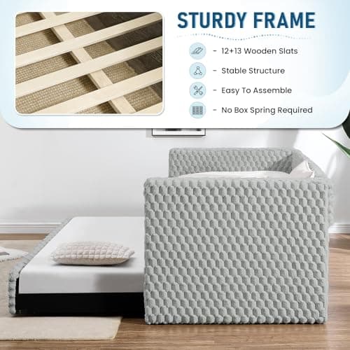 Plaid Corduroy Twin Daybed with Trundle, Grey Tufted Modern Sofa Couch