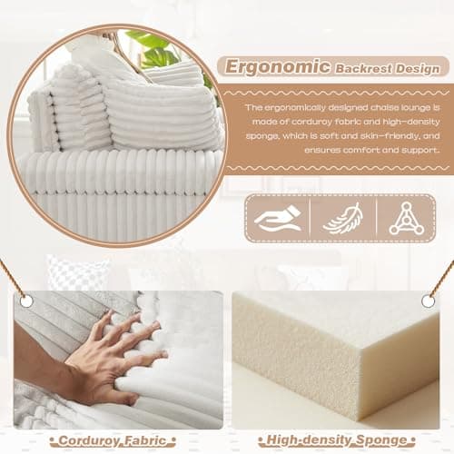 Beige Corduroy Chaise Lounge with Ottoman & Cup Holder