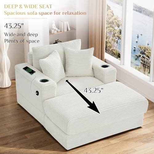 Beige & White Oversized Chaise Longue with USB & Cup Holder, 42" W