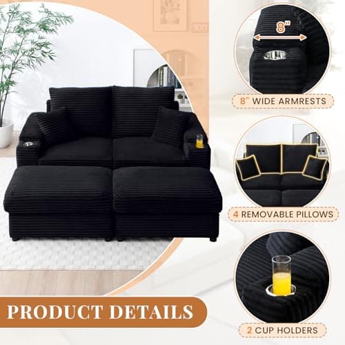 Oversized Black Chaise Lounge Chair with Storage Ottomans and Cup Holders - Modern L-Shaped Sofa for Living Room and Bedroom